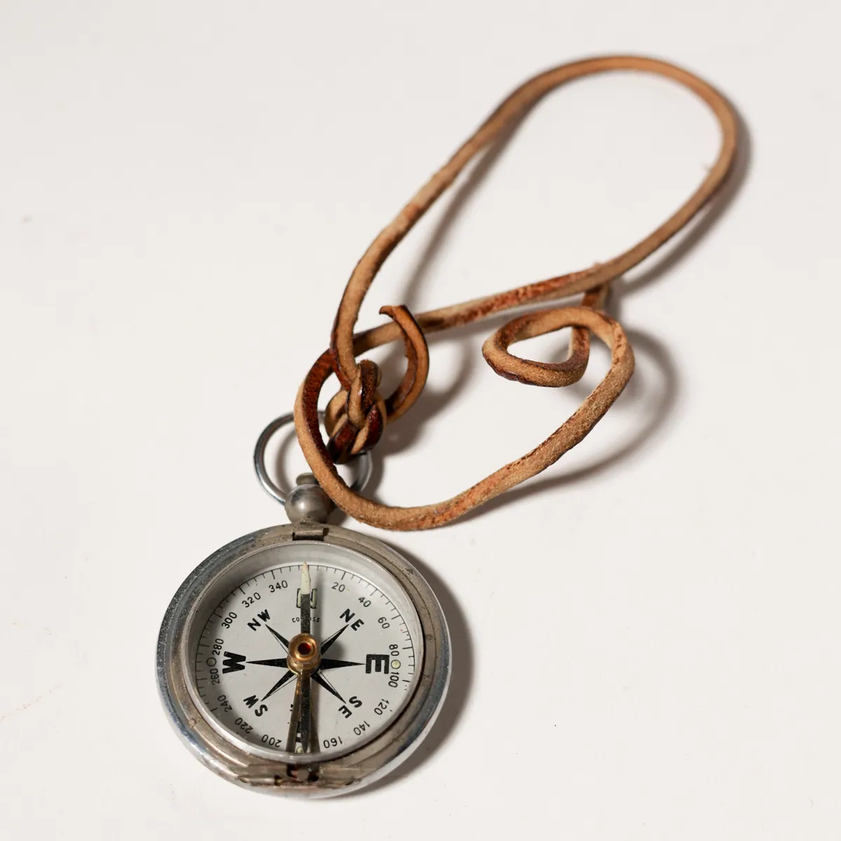 Vintage Silver Pocket Compass Leather Cord Navigator