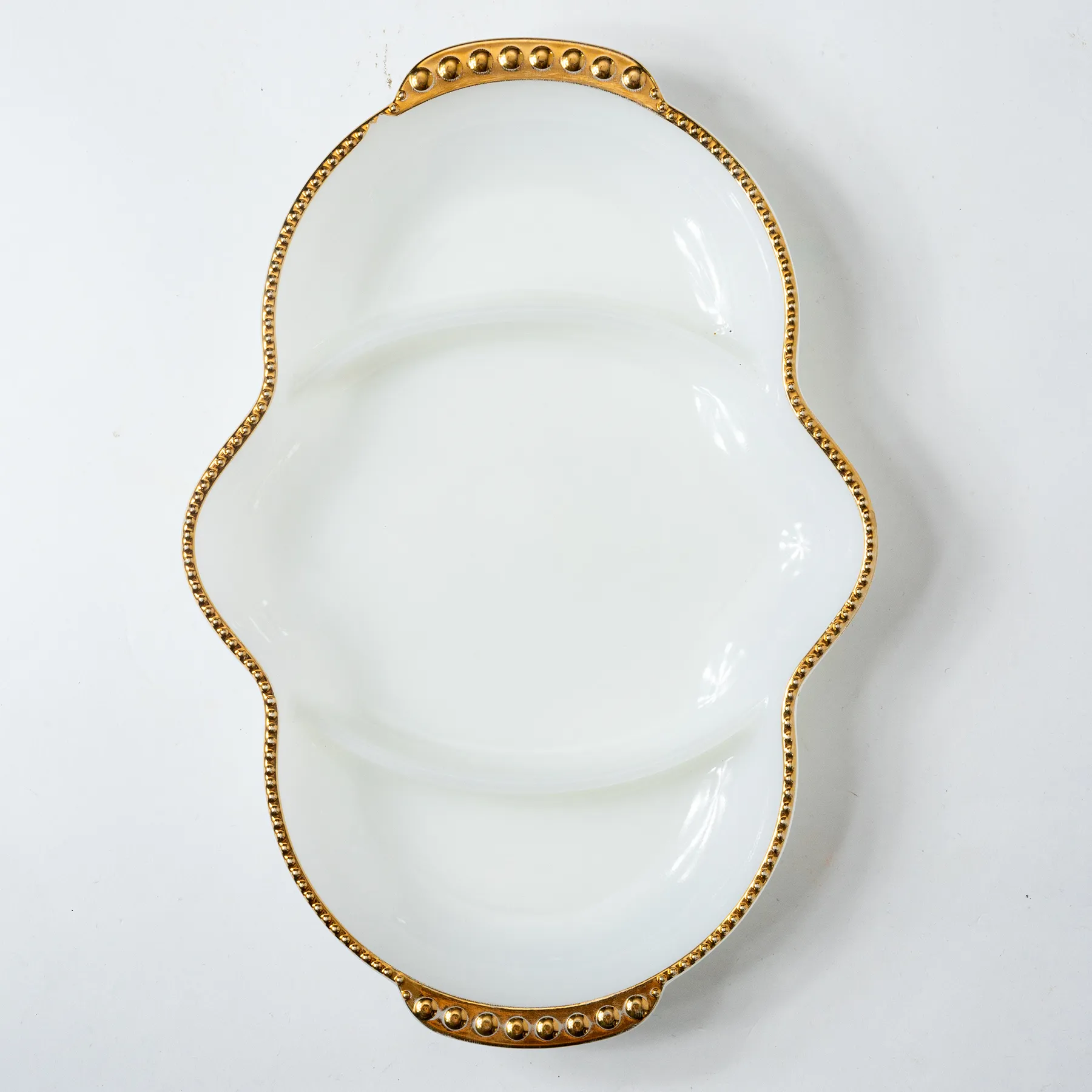 Unique Vintage Milk Glass 3 Compartment Serving Dish With Gold Trim Relish Oyster Hors' Doeuvres Tray - 11" x 7.5" x 1.5"