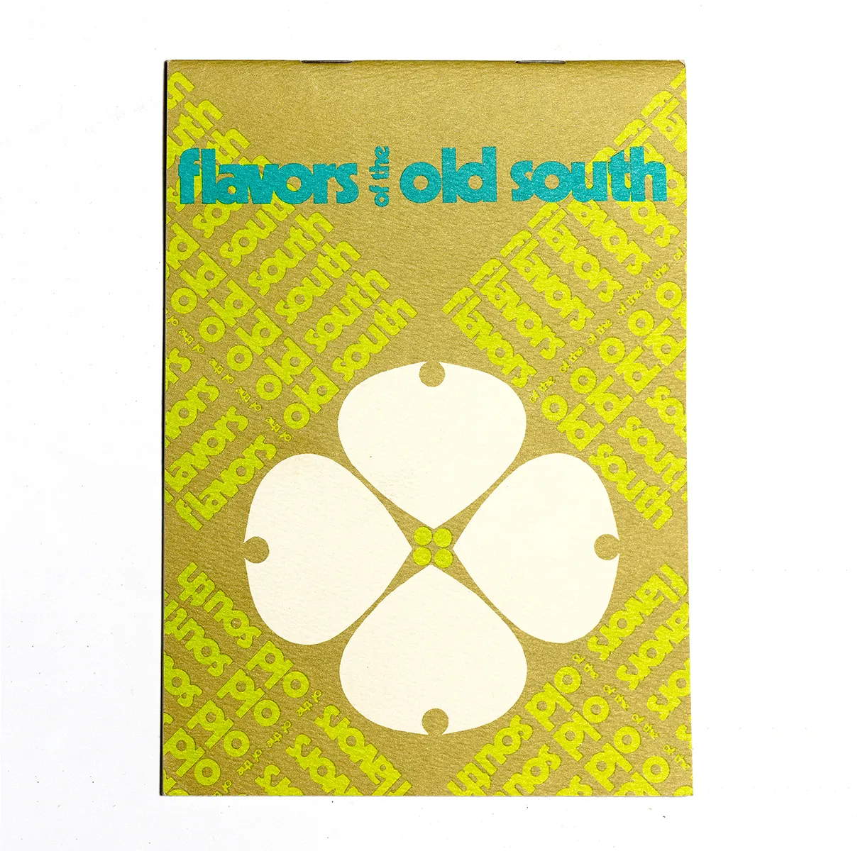 Flavors of the old south Olive green, lime text, blue turquoise text. 1960 look  - 7" x 5"