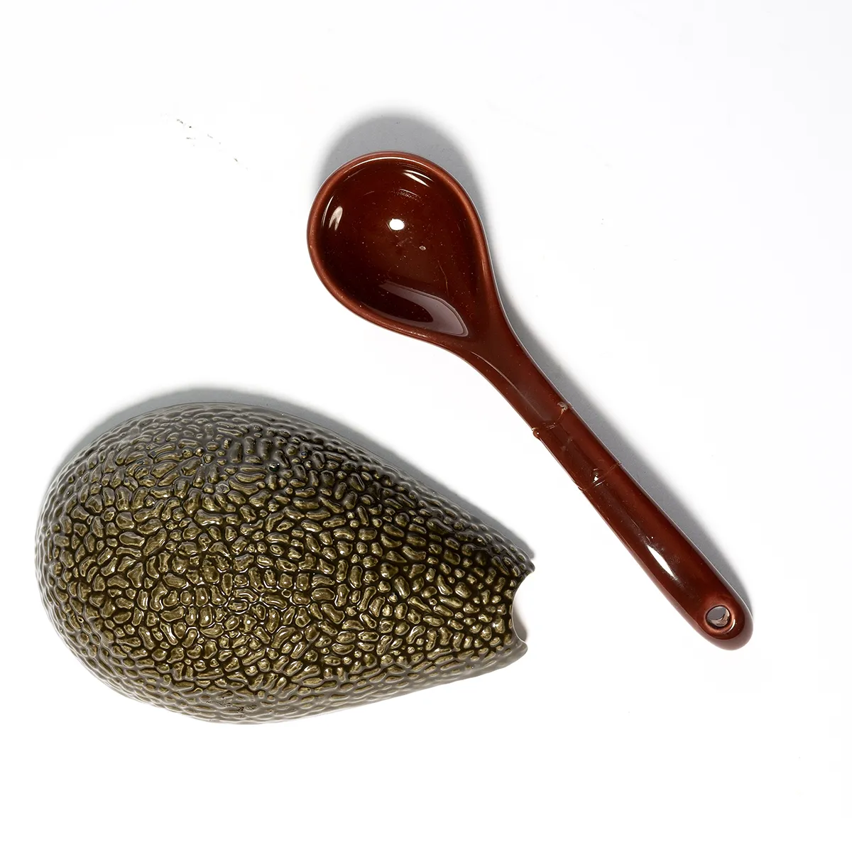 Avocado Guacamole Serving Bowl with brown ceramic spoon not base - only the avocado shaped lid - 6" x 4"