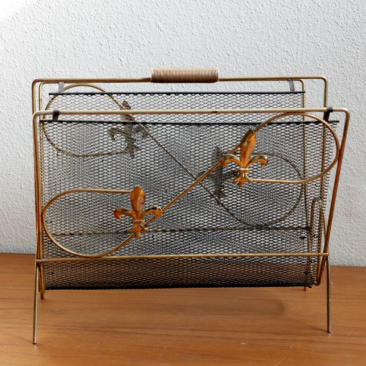 Vintage Brass Magazine Rack with Fleur di Lis Pattern