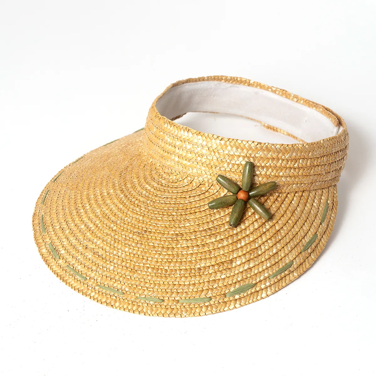 Grandma's gardening visor, green beaded flower - 5.75 x 10.5"