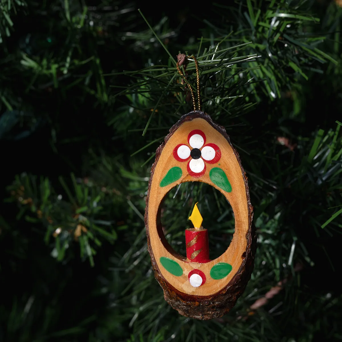 Christmas Tree Ornament: Tree Branch Cross Section with a Sculpted Candle with a Flame, painted