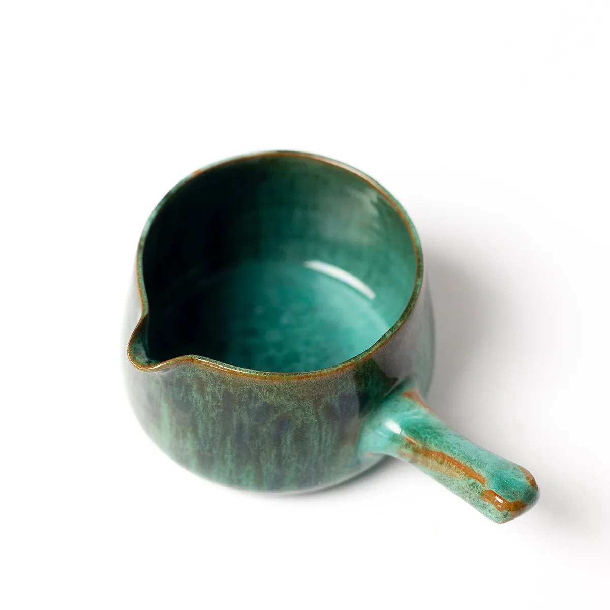Hand Made Ceramic Brown and Turquoise Drip Glaze. Small pot with a handle and pour spot