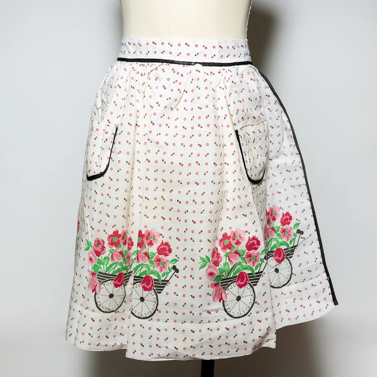 Kitchen Soft Goods: Hand Made Vintage Kitchen Apron small Pink  Flowers in a cart with brown edging - 52" around 22" Long