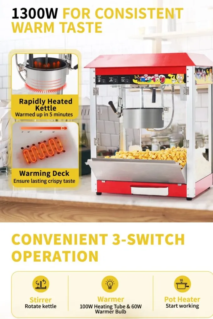 Popcorn Machine 10oz with 2-Popcorn/Oil & 16- 1oz Bags 