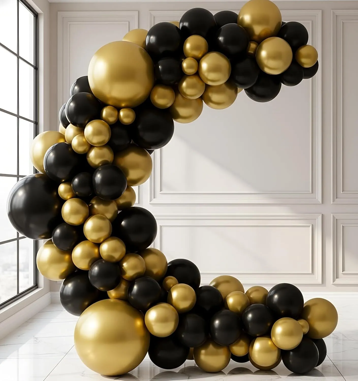 Balloon Garland Black and Metallic Gold for Baby Showers, Birthday, Gender. Installed.
