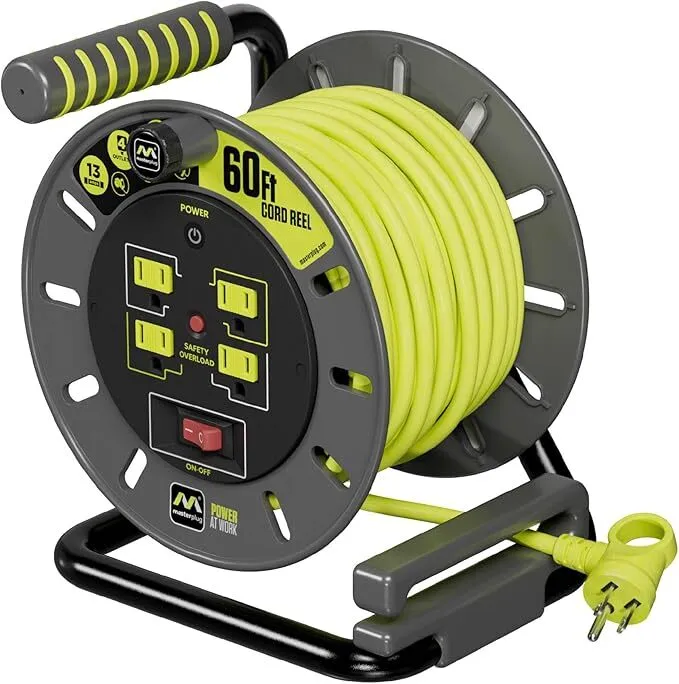 Masterplug 60ft Cord Reel, Retractable Extension Lead with Winding Handle, Safety Overload Circuit Breaker and Power Switch, 4X Grounded Outlets, 13amps, 14AWG Cable