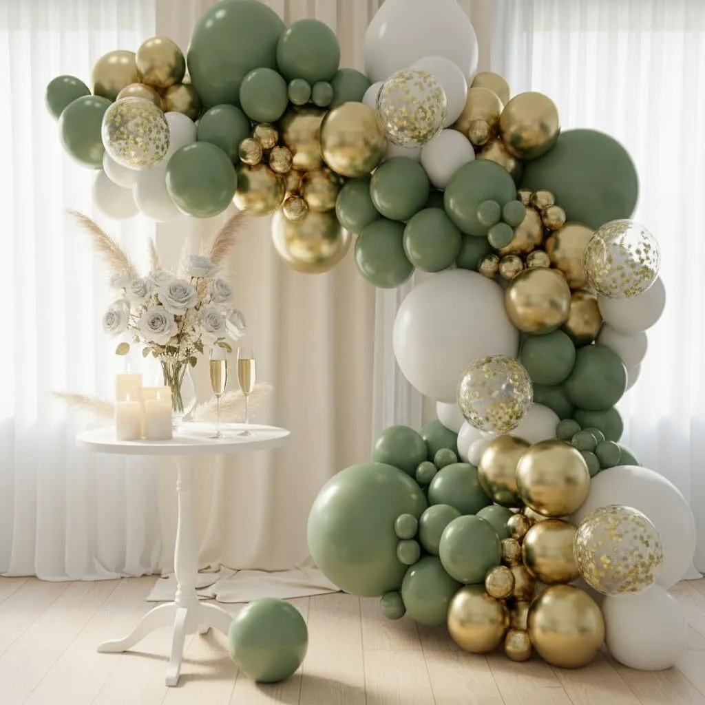 Balloon Garland Green White and Metallic Gold for Weddings Baby Showers and Birthdays. Setup and Installed.