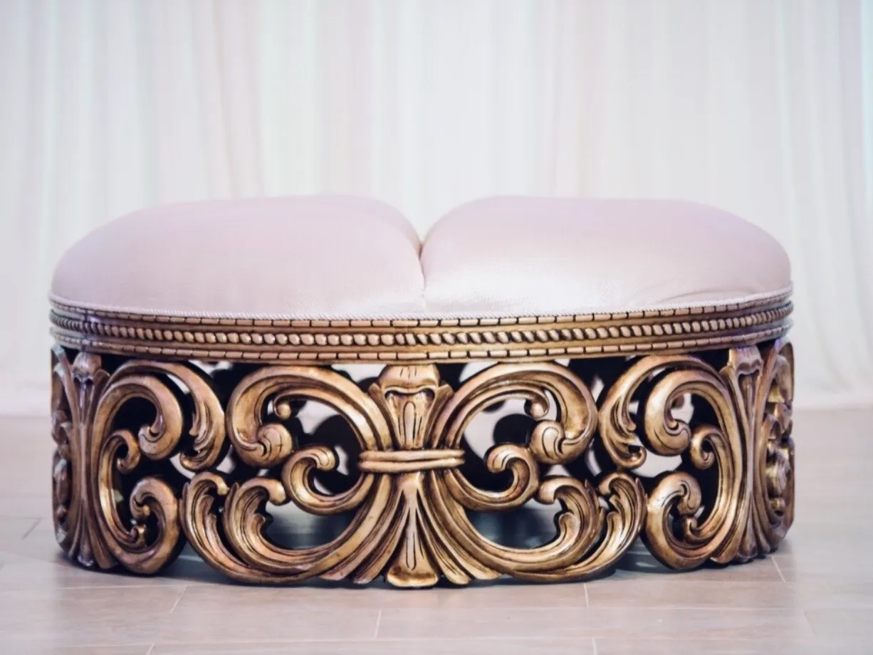 White and Gold Round Antique Ottoman