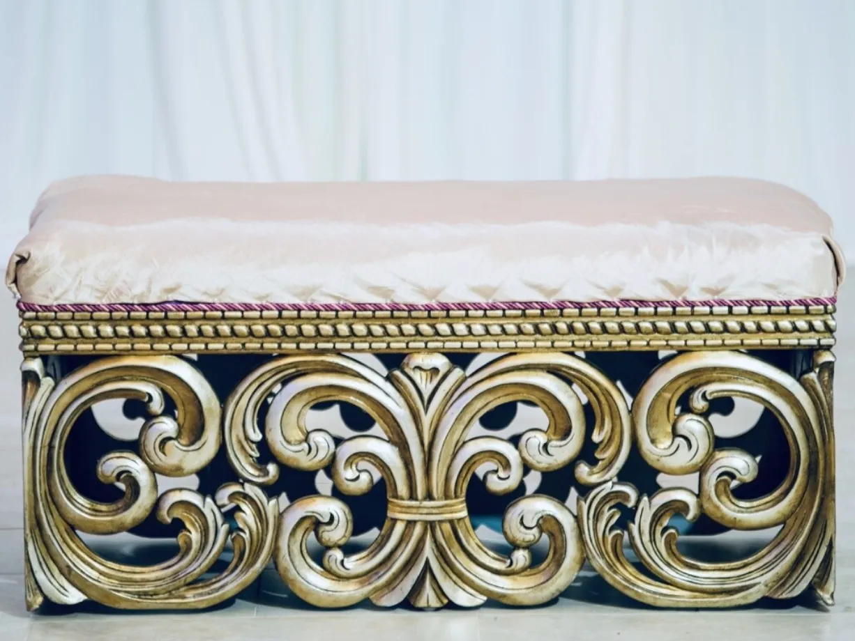 White and Gold Rectangular Antique Ottoman