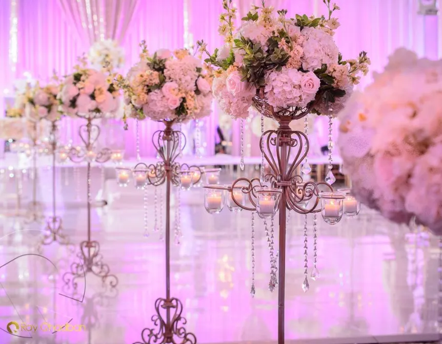 Large Gold Iron Basket Centerpiece with Hanging Crystals + Candles