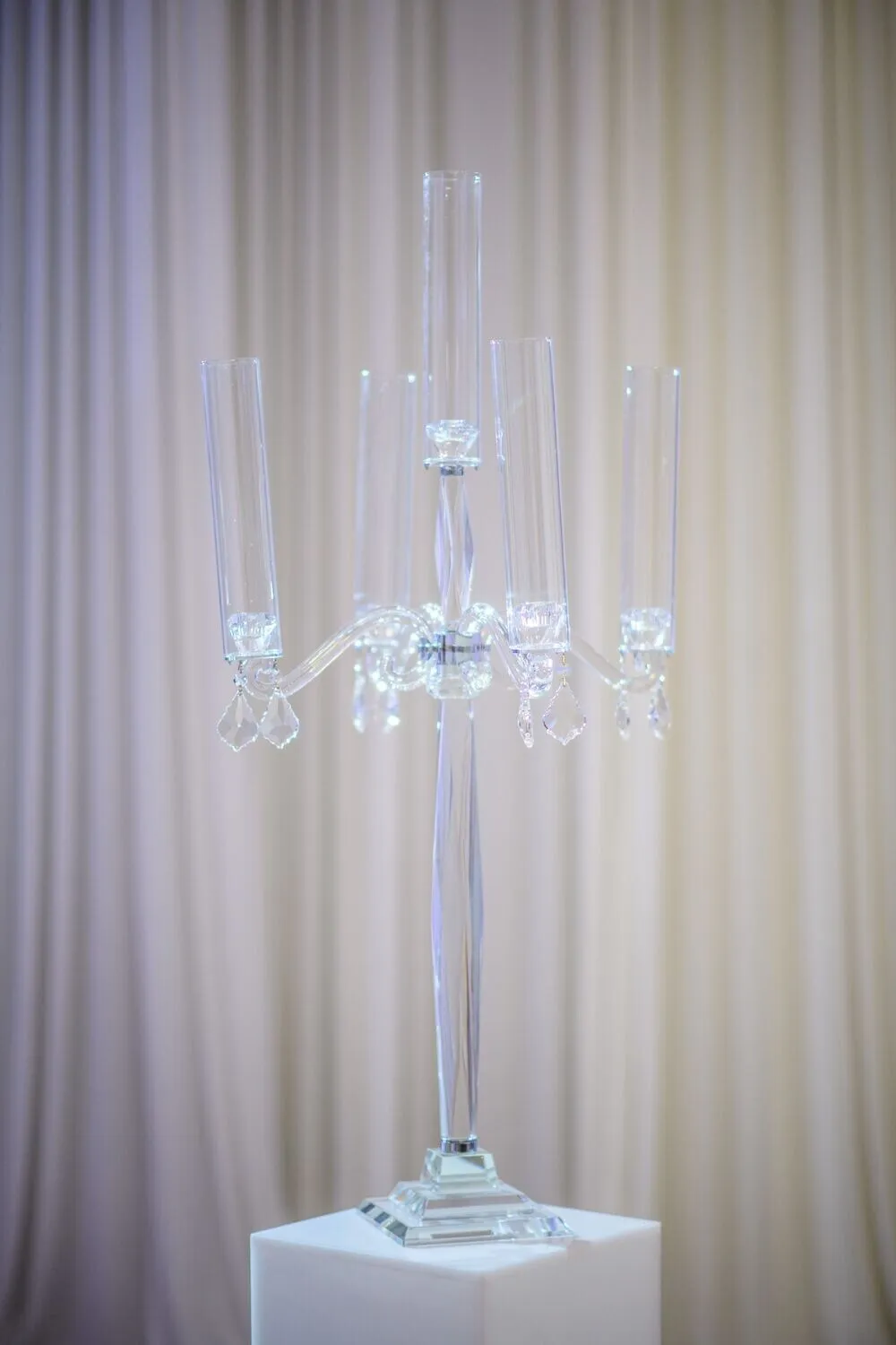 Medium Contemporary Glass Candelabra with Hanging Crystals