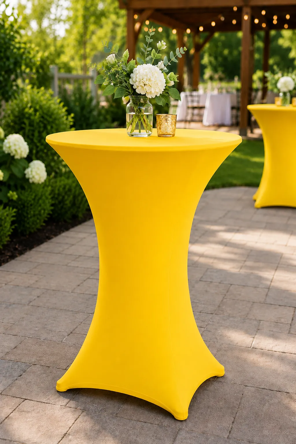 42" Tall 30" Round Cocktail Table With Yellow Stretch Cover