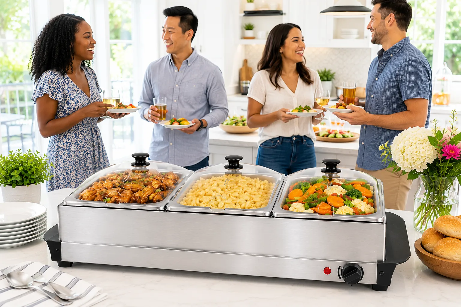 Triple Buffet Server & Food Warmer Rental – 3 x 2.5 Qt Stainless Steel Trays