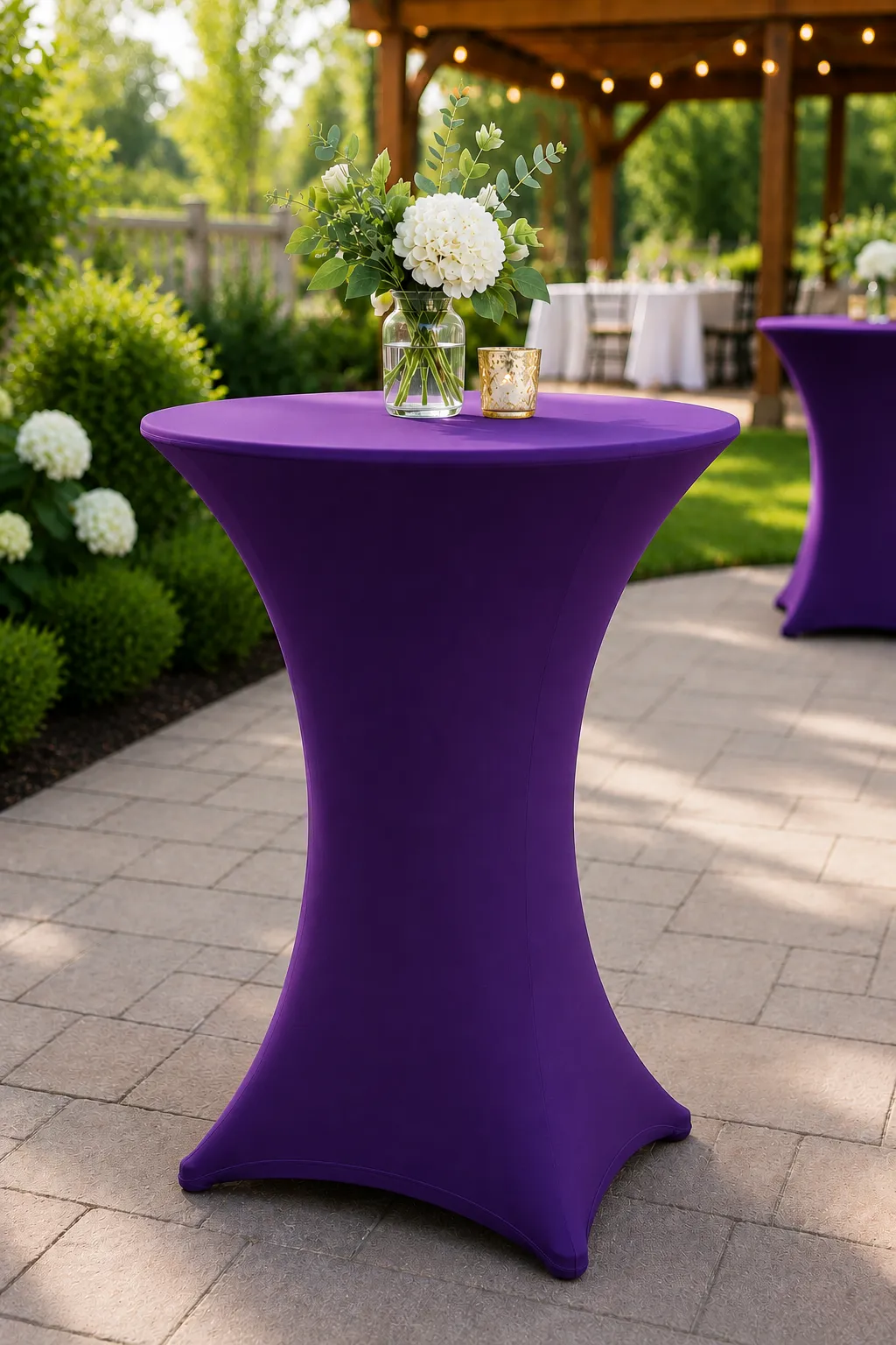 42" Tall 30" Round Cocktail Table With Purple Stretch Cover