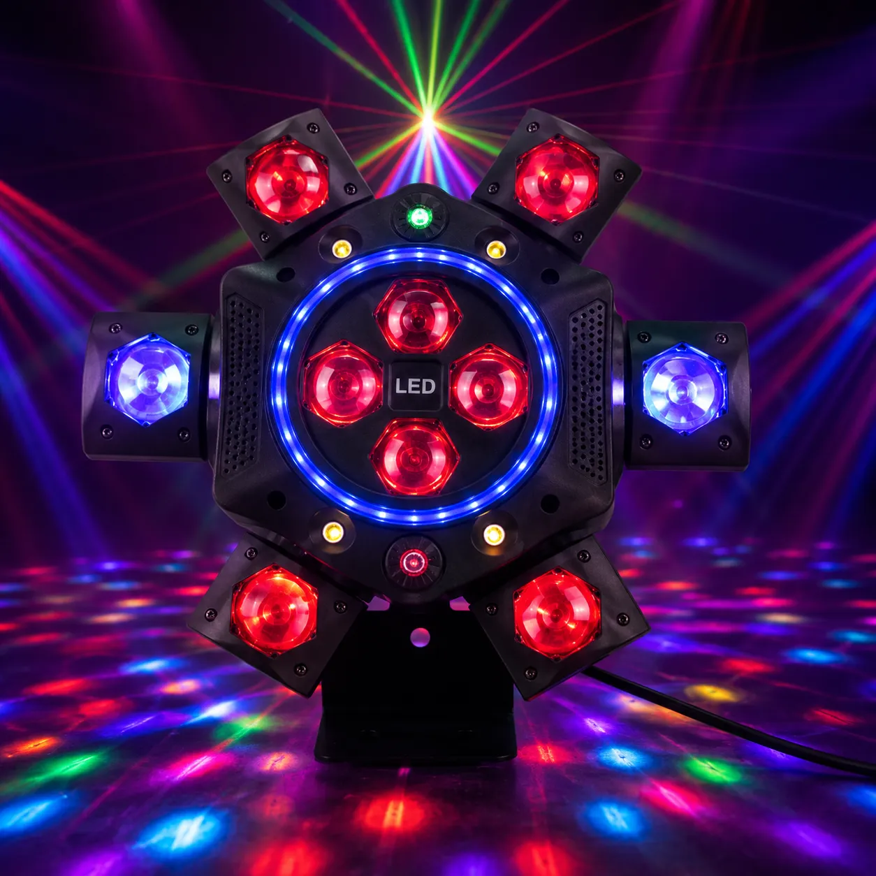 6-Arm Spider DJ Party Light with Bee Eye, LED Halo & Laser Effects