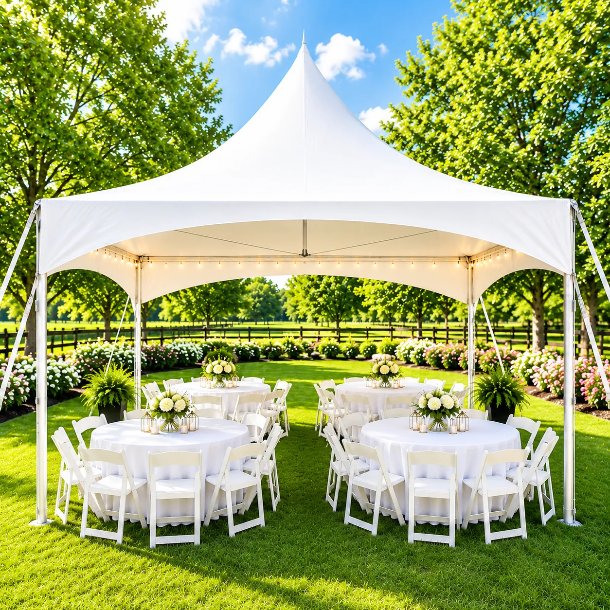 20' x 20' High-Peak Marquee Tent Package Rental with 4 Round Tables & 32 White Resin Chairs