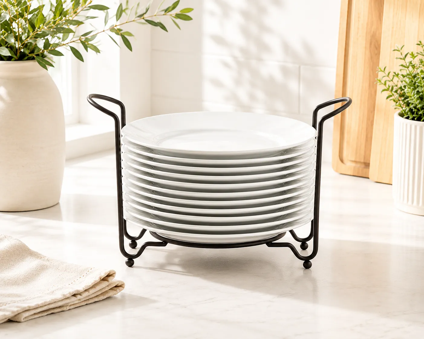 Porcelain 10.5 inch  Plates With Stacking Rack 12 Piece Set