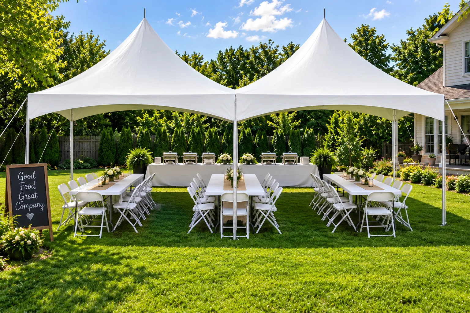 20' x 40' High-Peak Marquee Tent Package Rental with 6 Tables, 48 White Chairs & 2 Buffet