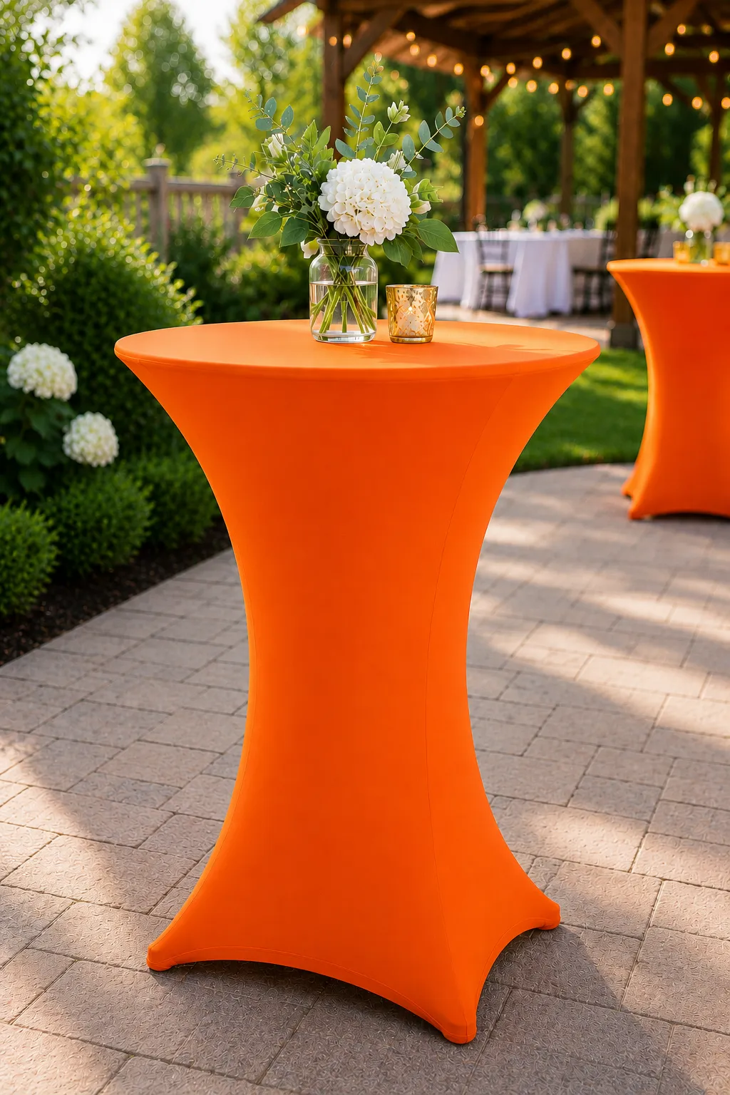 42" Tall 30" Round Cocktail Table With Orange Stretch Cover