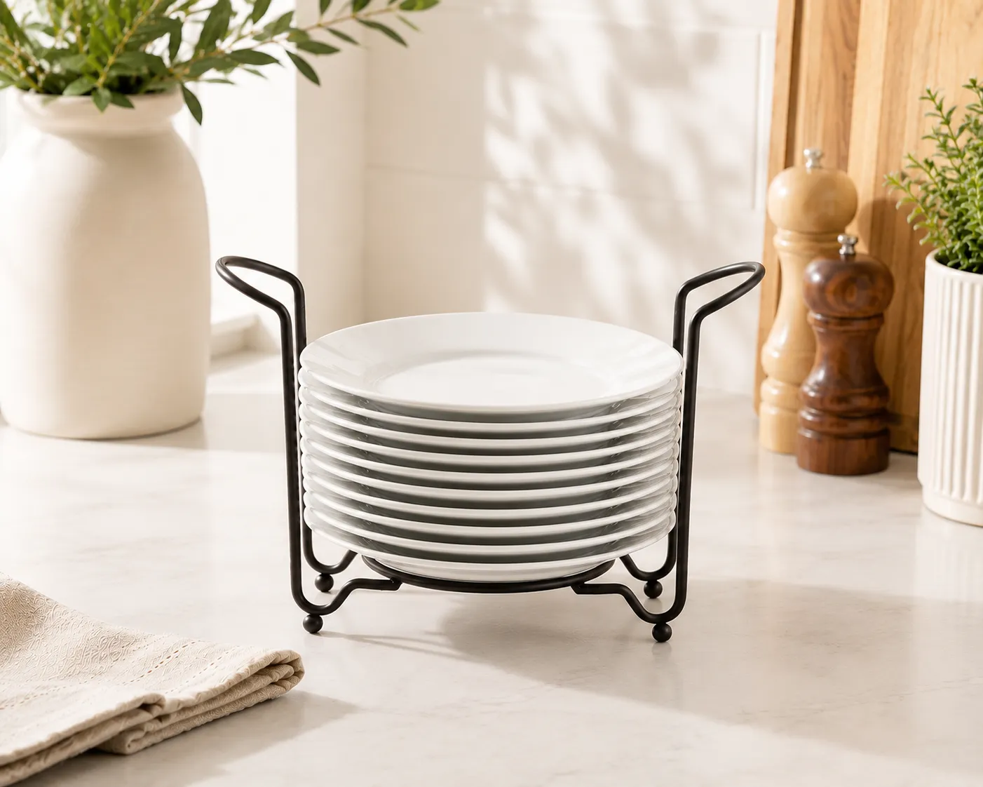 Porcelain 8 inch Plates With Stacking Rack 12 Piece Set