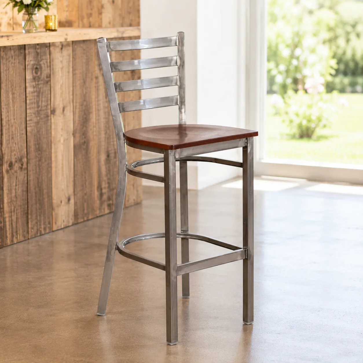 Premium Silver Metal Ladder Back Bar Stool
