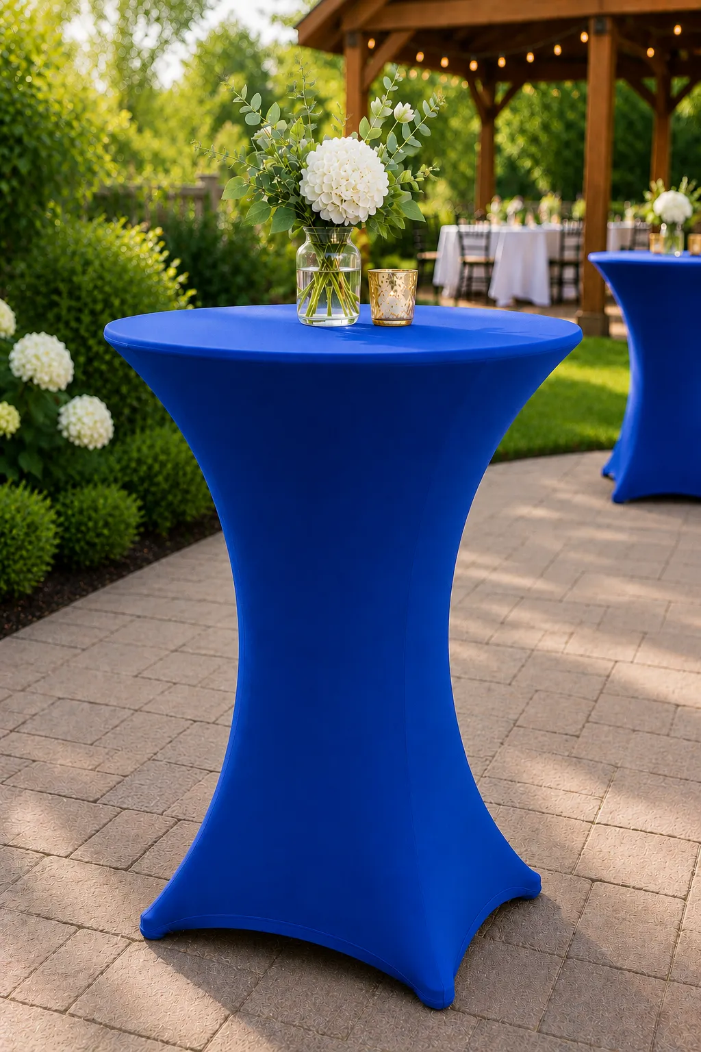 42" Tall 30" Round Cocktail Table With Blue Stretch Cover