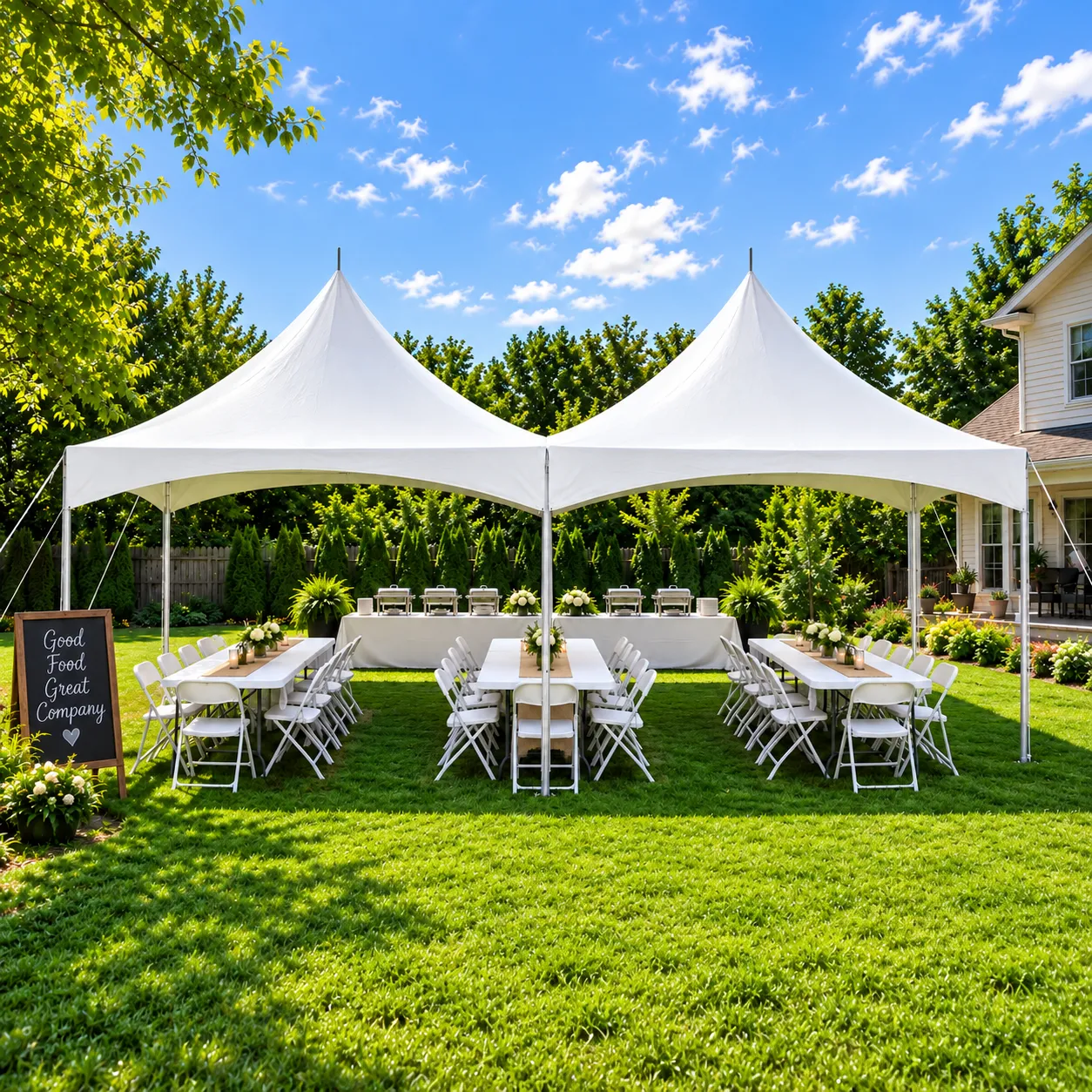 20' x 40' High-Peak Marquee Tent Package Rental with 6 Tables, 48 White Chairs & 2 Buffet