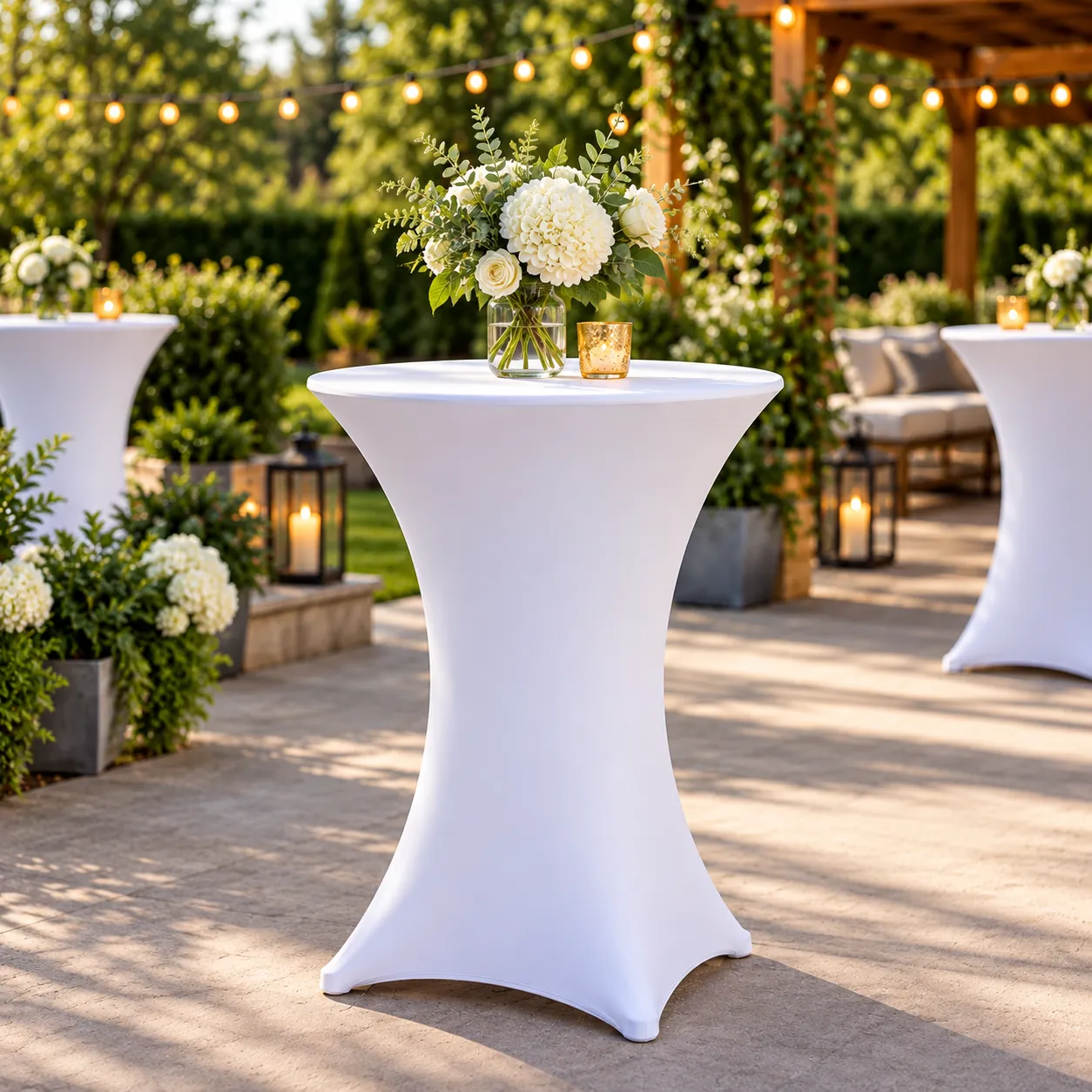 42" Tall 30" Round Cocktail Table With White Stretch Cover