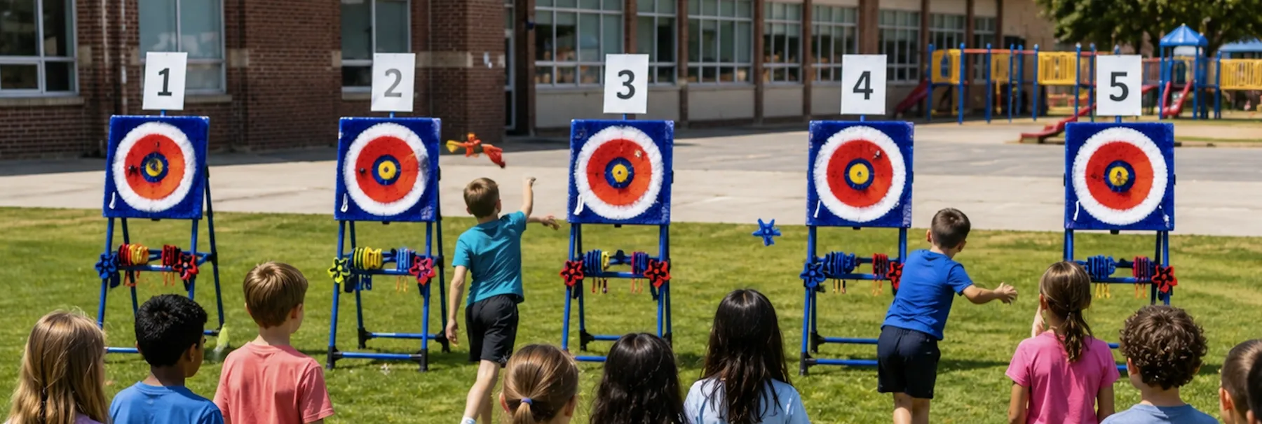 Kids playing an axe throwing game at a school field day competition.