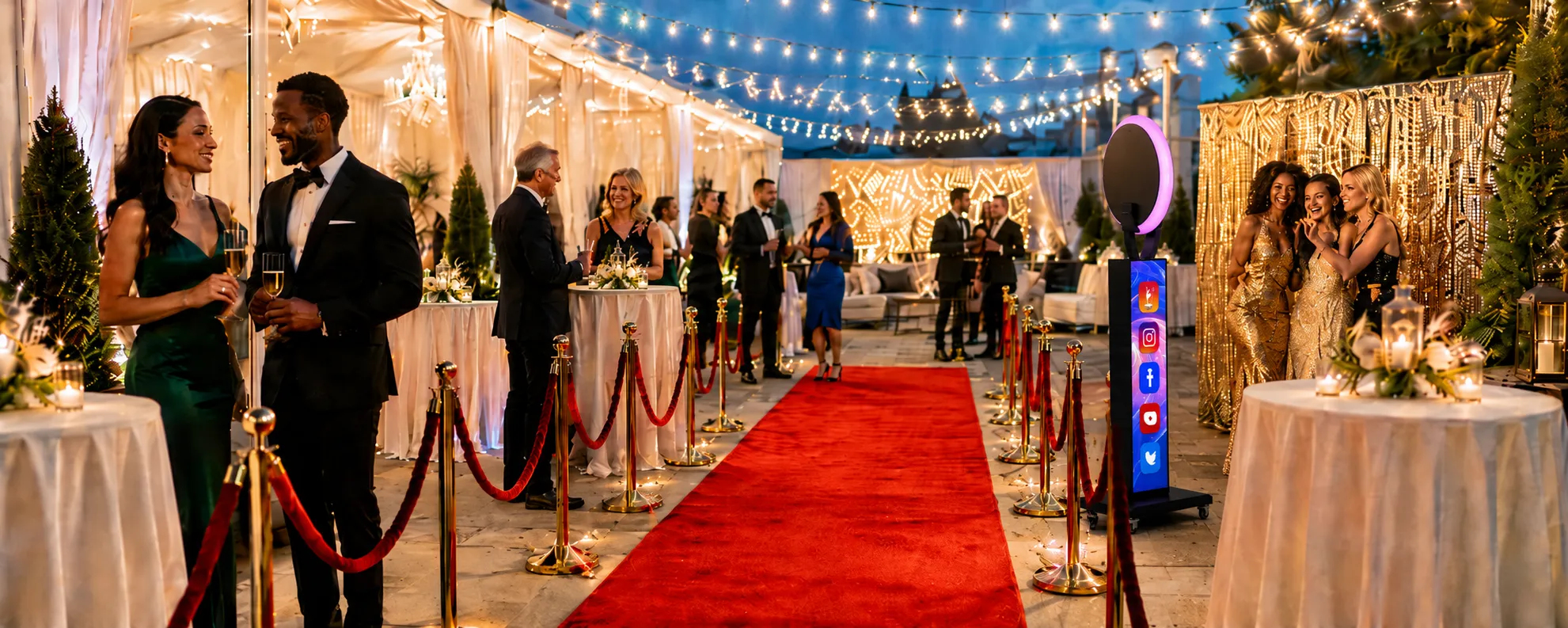 Bright VIP event with a red carpet, gold stanchions, cocktail tables, string lights, well-dressed guests, and a selfie station.