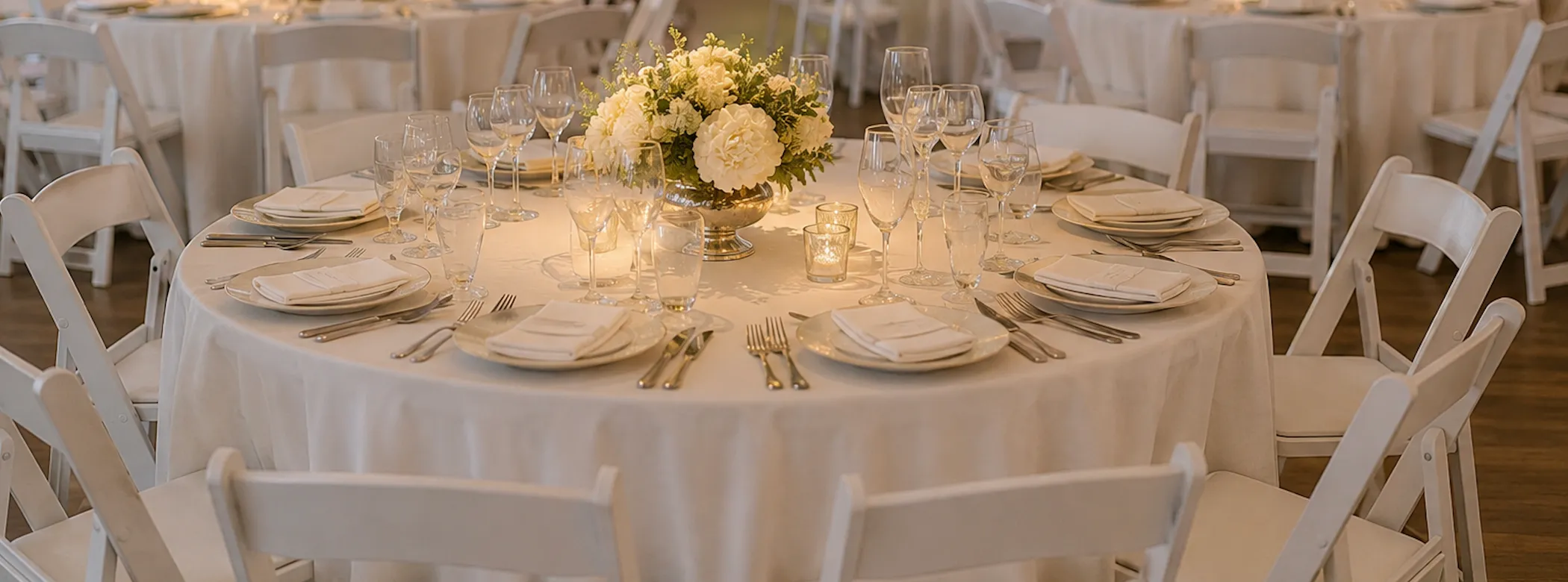 High-quality outdoor event setup featuring clean white tables and chairs under a large party tent, with concession machines, yard games, and entertainment equipment arranged for a family celebration on a sunny day.