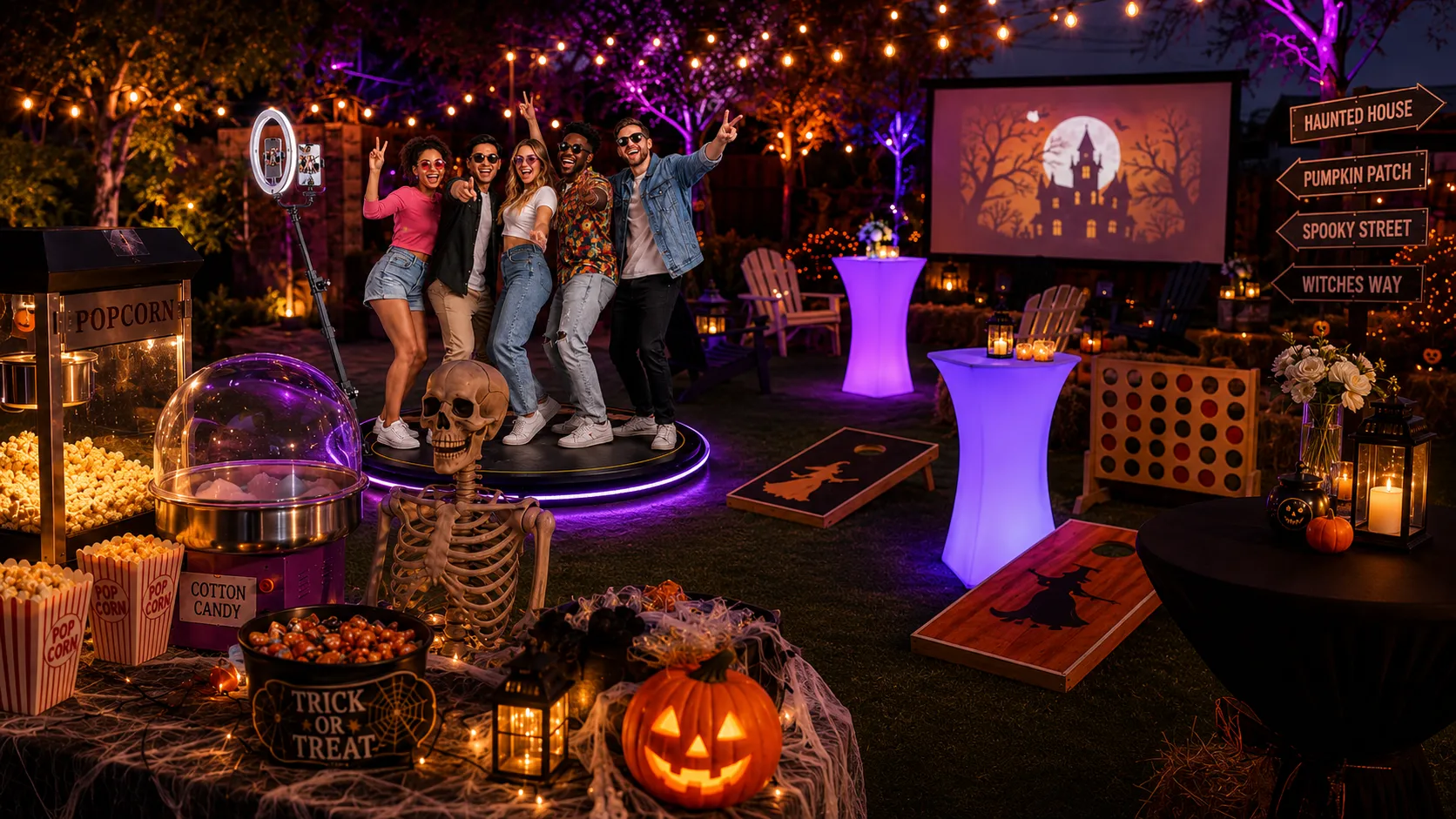 Halloween backyard party with a 360 video booth, LED bistro tables, outdoor movie screen, concessions, yard games, and spooky décor.