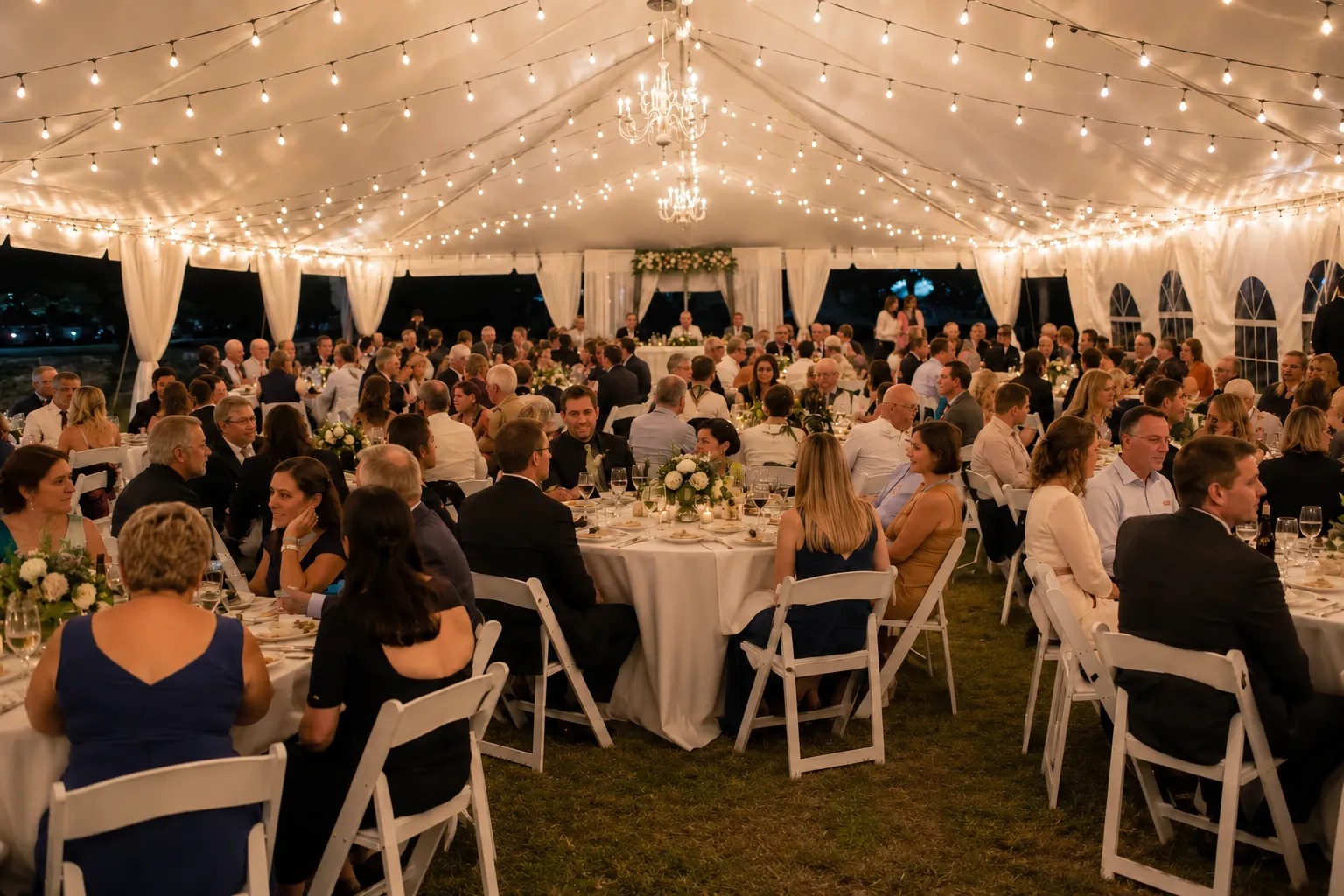 Guests seated at rented tables and chairs during an outdoor event with comfortable spacing and professional event setup.