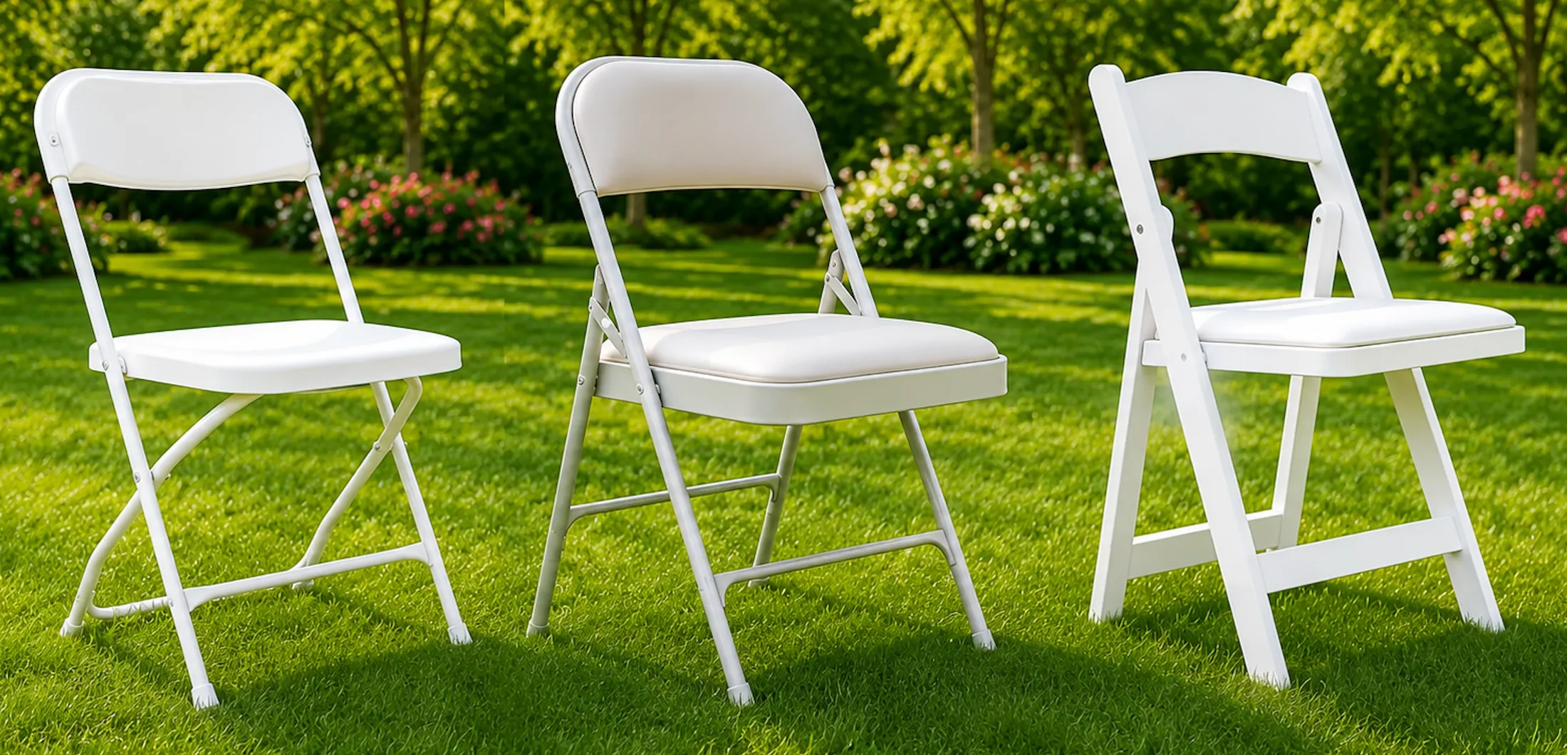 Comparison of all-plastic, padded, and wood padded event chairs displayed outdoors on a grassy lawn.