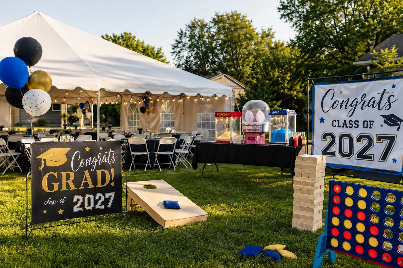 Outdoor Class of 2027 graduation party setup featuring a large white event tent, tables and chairs, yard games, concession machines, and graduation decorations in a sunny backyard setting.