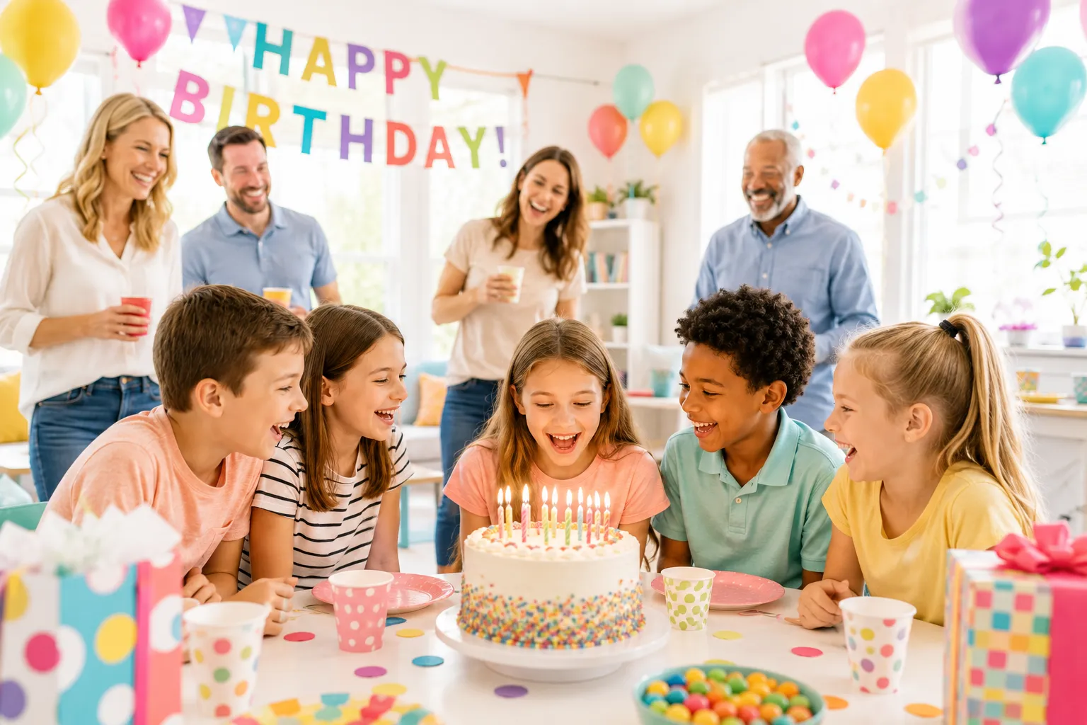 Children gathered around a birthday cake at a bright indoor birthday party, laughing and celebrating with family and friends surrounded by colorful decorations, balloons, and gifts.