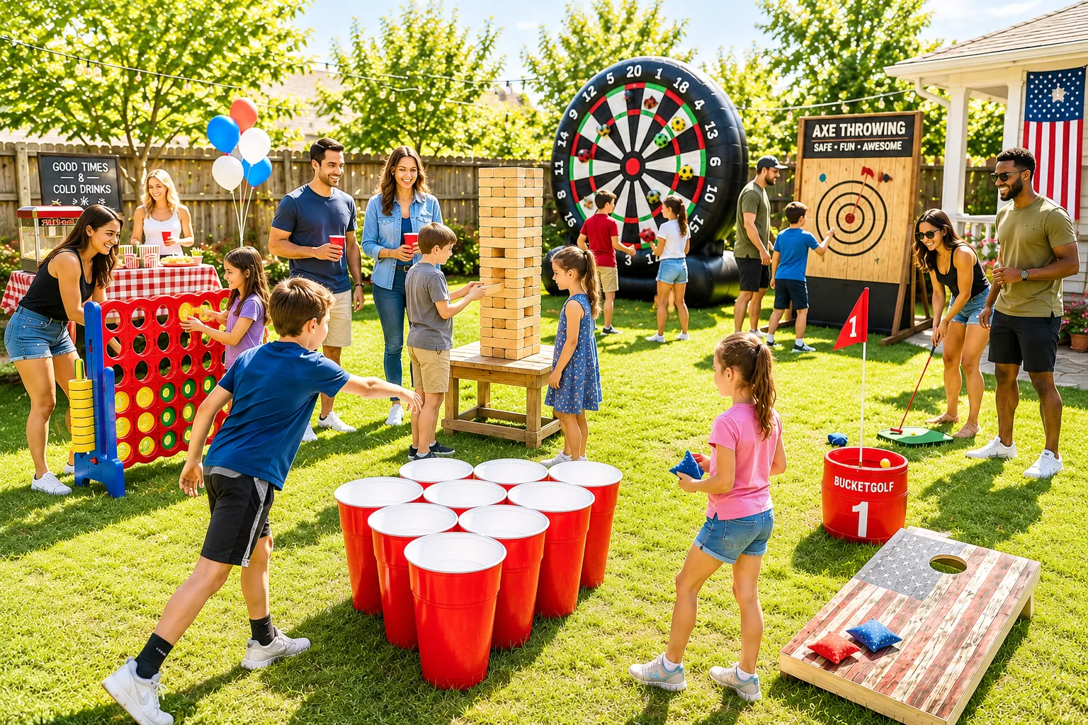 Guests enjoying popular 2026 yard games including Yard Pong, Cornhole, Giant Jenga, and Bucket Golf at a backyard party.