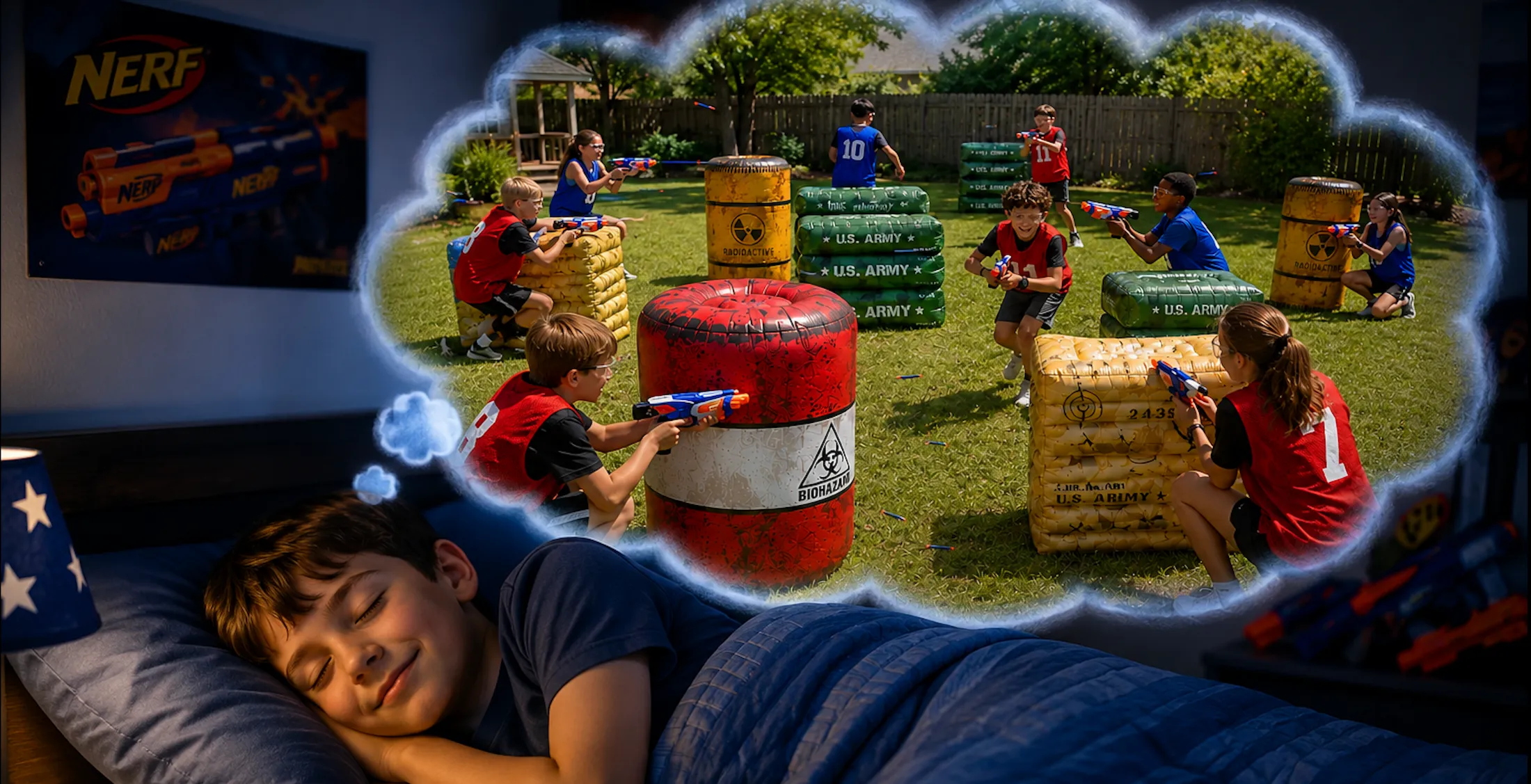 A young boy sleeps peacefully in bed while dreaming of an exciting backyard Nerf battle. In the dream bubble above him, kids of different ages compete in a colorful Nerf war using inflatable bunkers and safety glasses on a sunny day, showing how memorable experiences can inspire children's imaginations long after the fun ends.