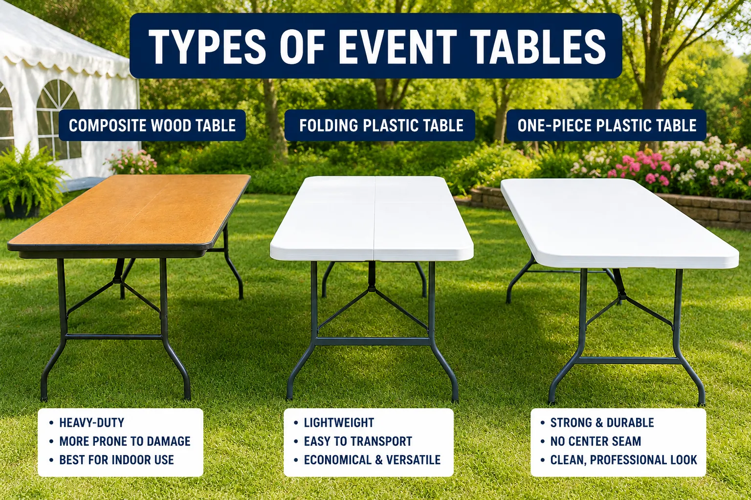 Comparison of composite wood, folding plastic, and one-piece plastic event tables on a grassy outdoor lawn.