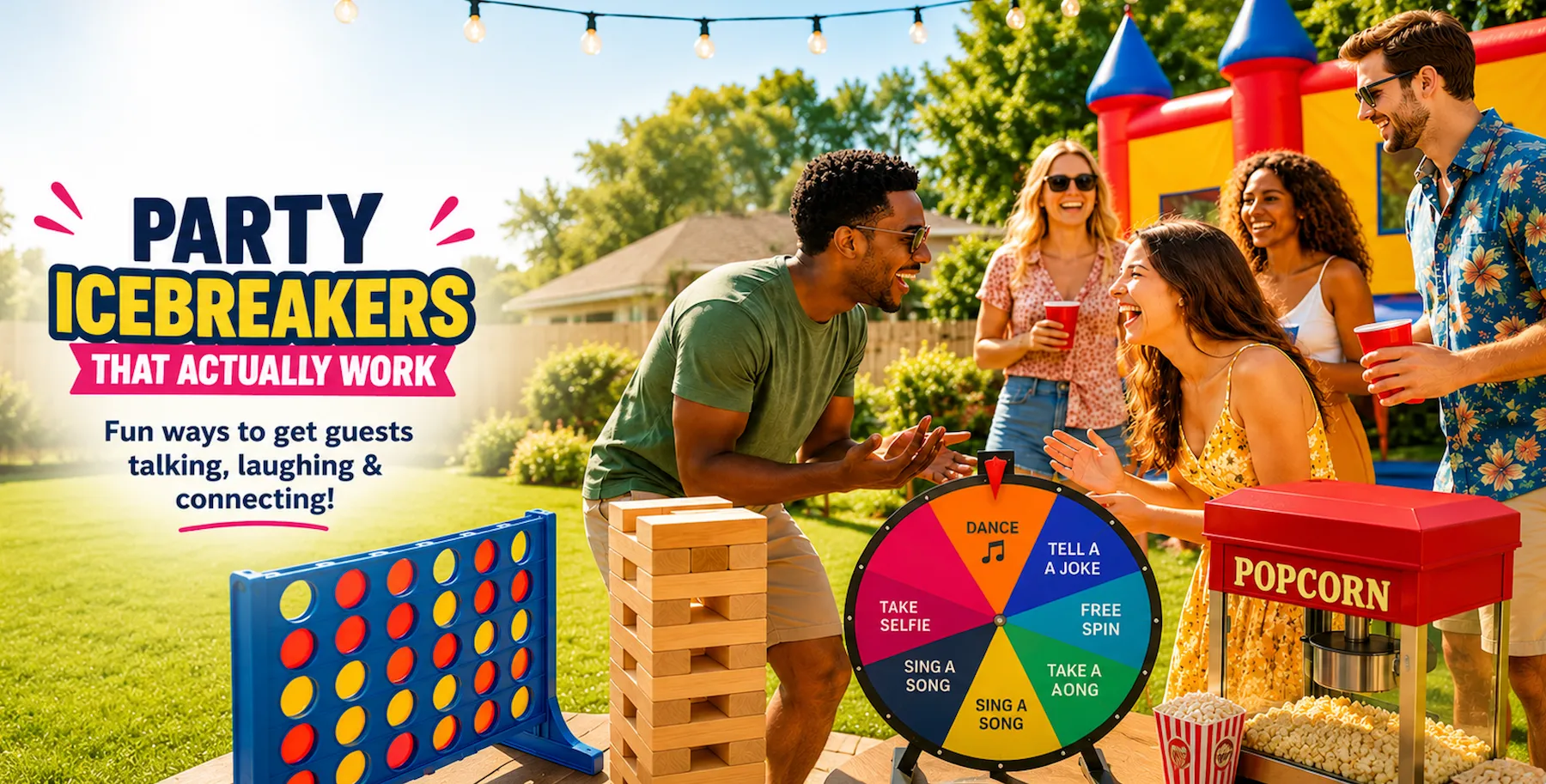 Friends laughing and playing giant yard games at a bright outdoor party with a prize wheel, popcorn machine, and colorful decorations, illustrating fun party icebreakers that help guests connect.