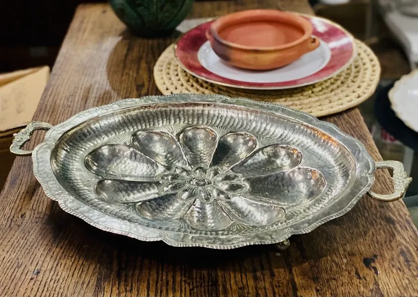 Fuente Oval Plata Antique Relieve Ostra "FOPARO" 36 x 28 cm 