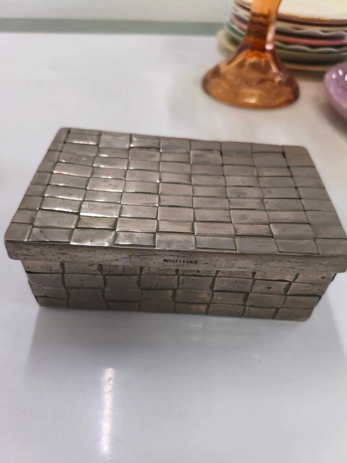 ALHAJERO PLATA RECTANGULAR TEJIDO  CON  TAPA "PARIS 17 X  11 CM , Alto 6 cm