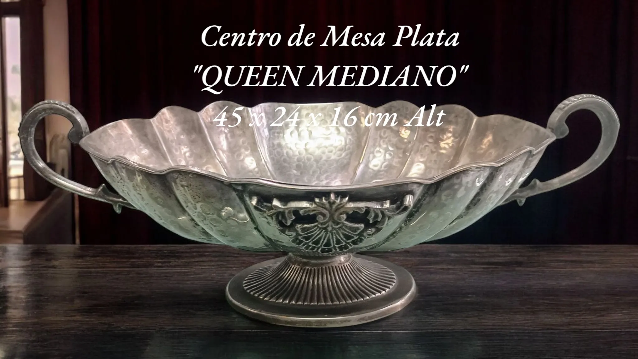 CENTRO DE MESA  PLATA ANTIQUE " QUEEN MEDIANO"  45 X 24 X 16 CM Alt.