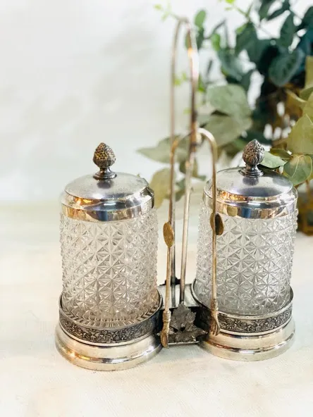 AZUCARERA  DOBLE CRISTAL Y PLATA ANTIQUE CON PINZA - AZ01   20 x 28 cm ALT