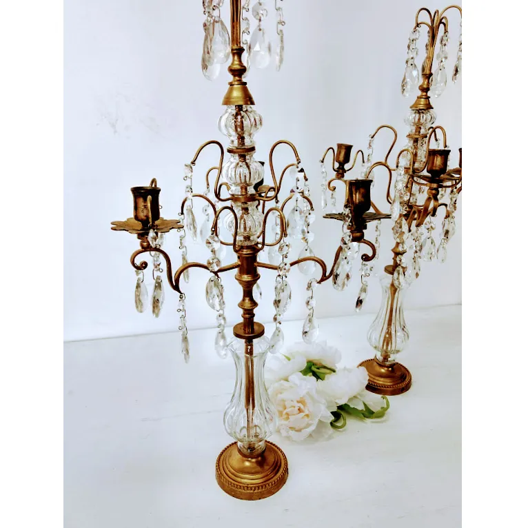 CANDELABROS  ORO  VERSALLES CON CAIRELES   3 VELAS - 60 cm alt
