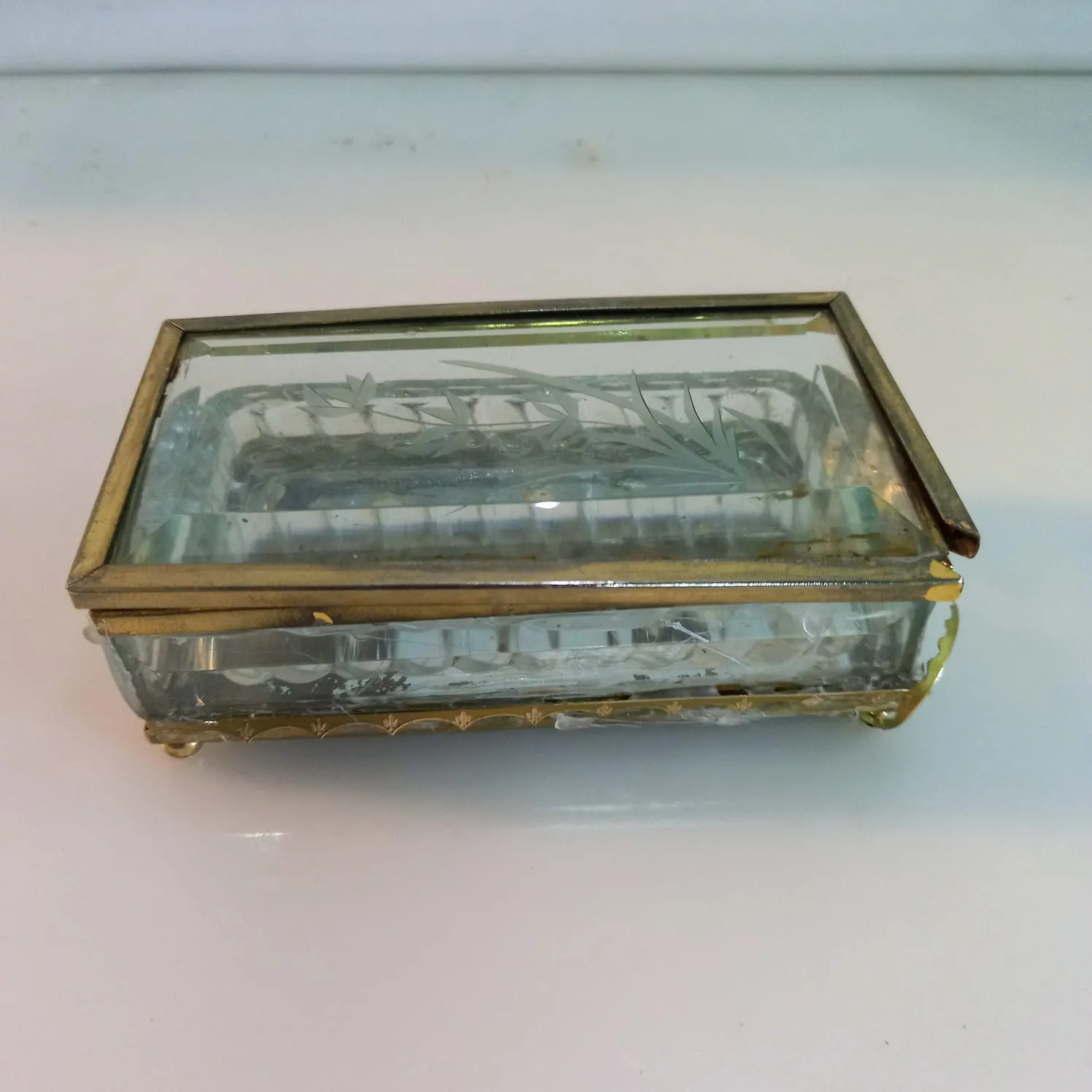  ALHAJERO DE CRISTAL CON BRONCE  RECTANGULAR  12 X 7.5 CM