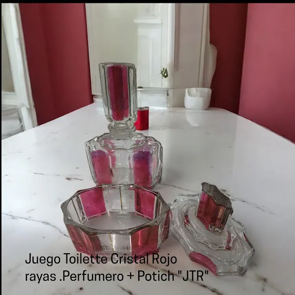 JUEGO  TOILETTE  PERFUMERO + POTICH CRISTAL ROJO FRANJAS " JTR"
