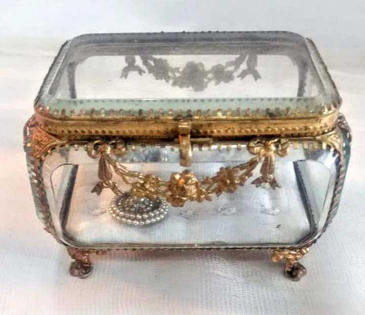 ANTIGUO ALHAJERO FRANCES CRISTAL Y BRONCERIA 13 X 10 X 8 CM